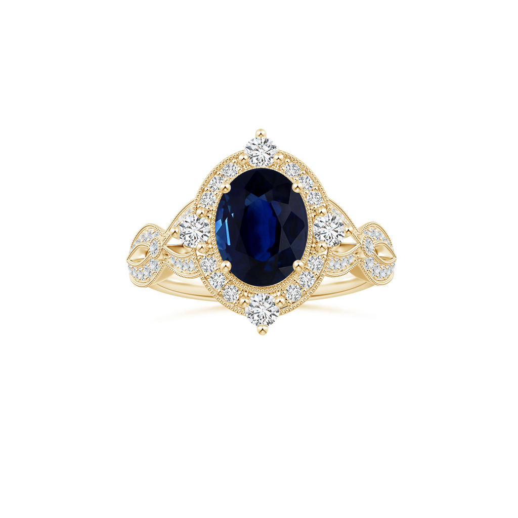 Custom Oval Blue Sapphire Vintage Inspired Ring with Diamond Studded Shank