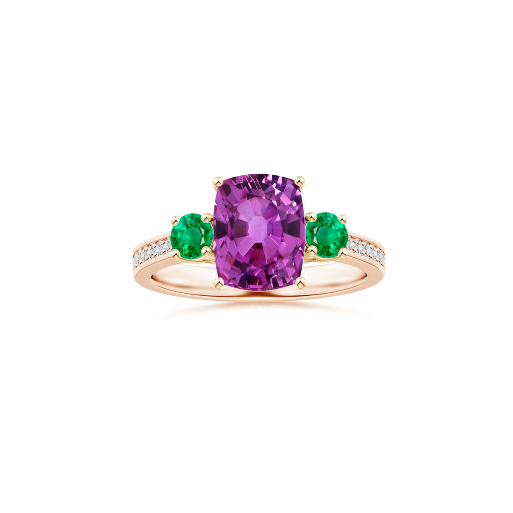 Custom Cushion Rectangular Pink Sapphire Three Stone Ring with Diamond Studded Shank