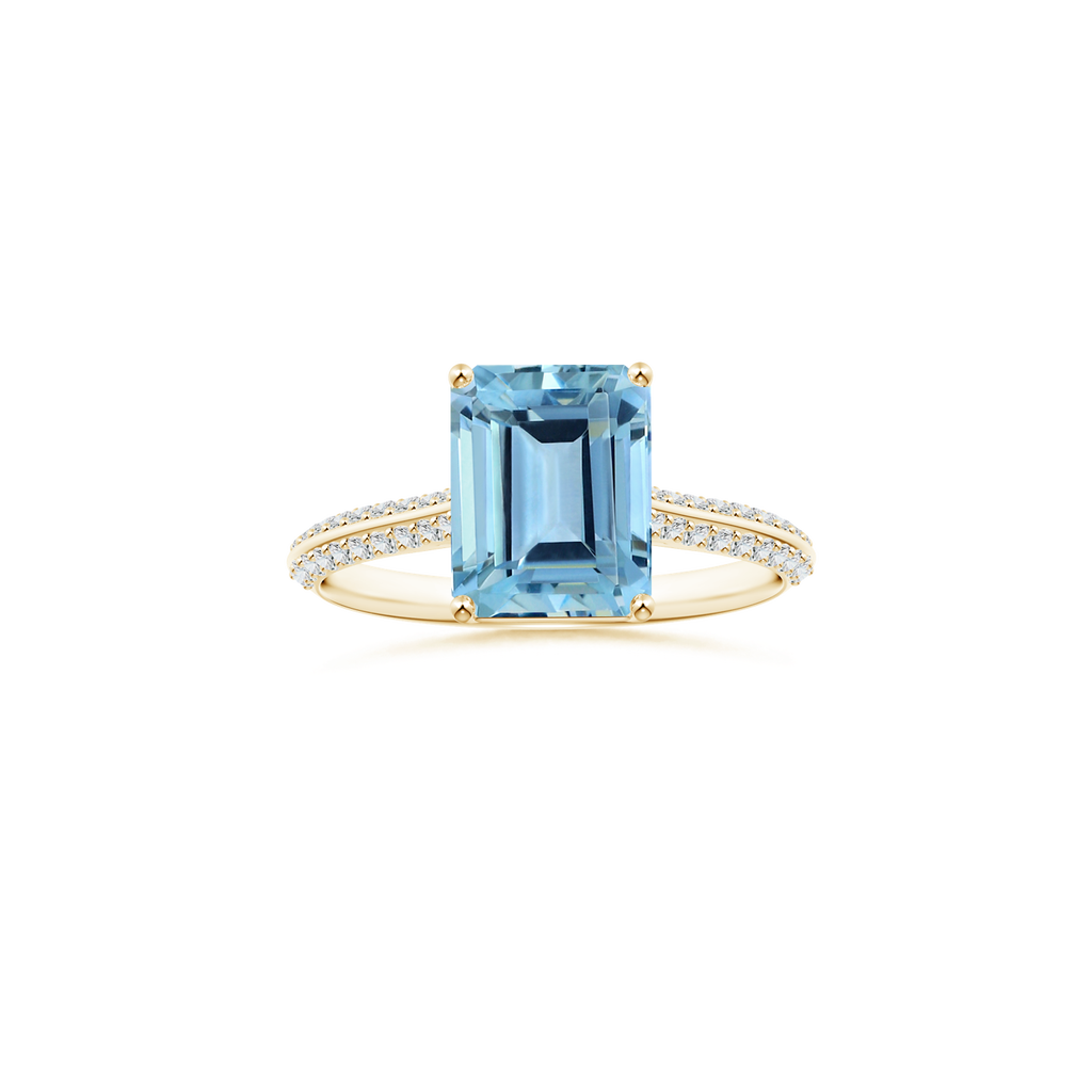 Custom Emerald cut Aquamarine Prong-Set Solitaire Ring with Diamond Studded Shank