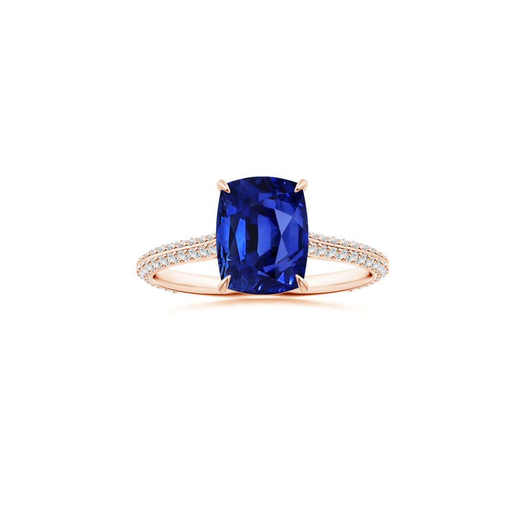 Custom GIA Certified Cushion Rectangular Blue Sapphire Claw-Set Solitaire Ring with Diamond Studded Shank