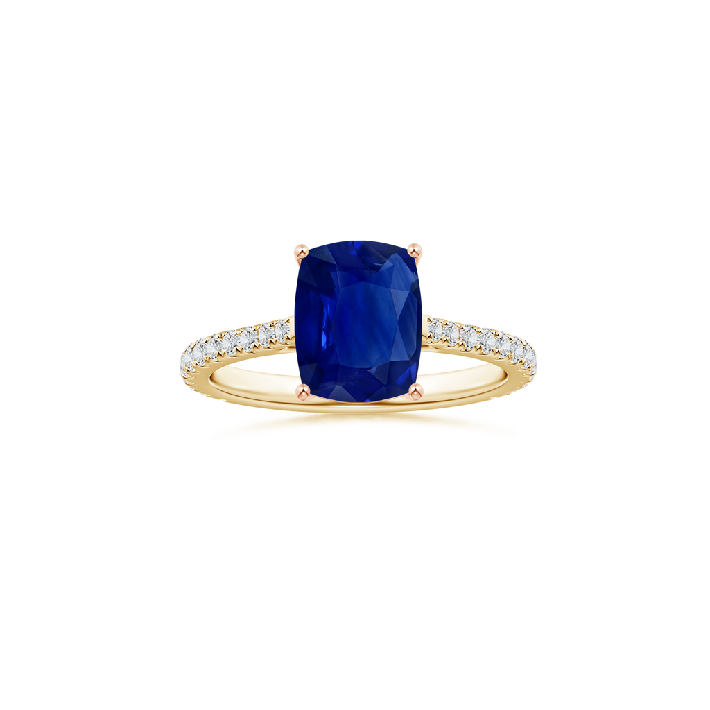 Custom Cushion Rectangular Blue Sapphire Prong-Set Solitaire Ring with Diamond Studded Shank
