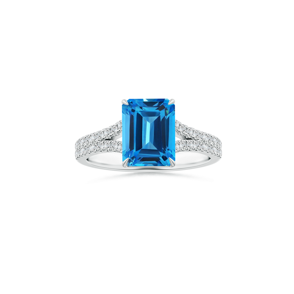 Custom Emerald cut Swiss Blue Topaz Claw-Set Solitaire Ring with Diamond Studded Shank