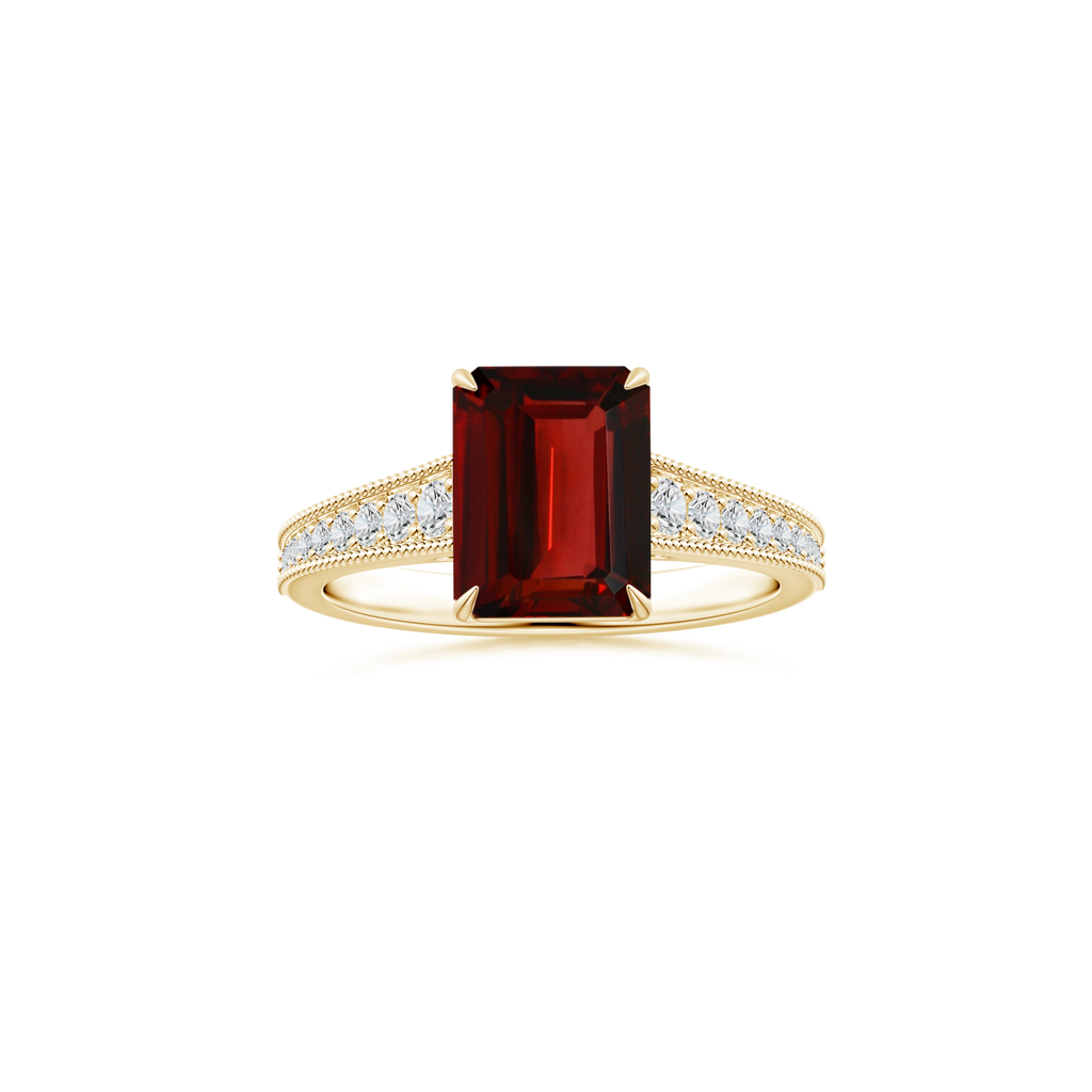 Custom Emerald cut Garnet Claw-Set Solitaire Ring with Diamond Studded Shank