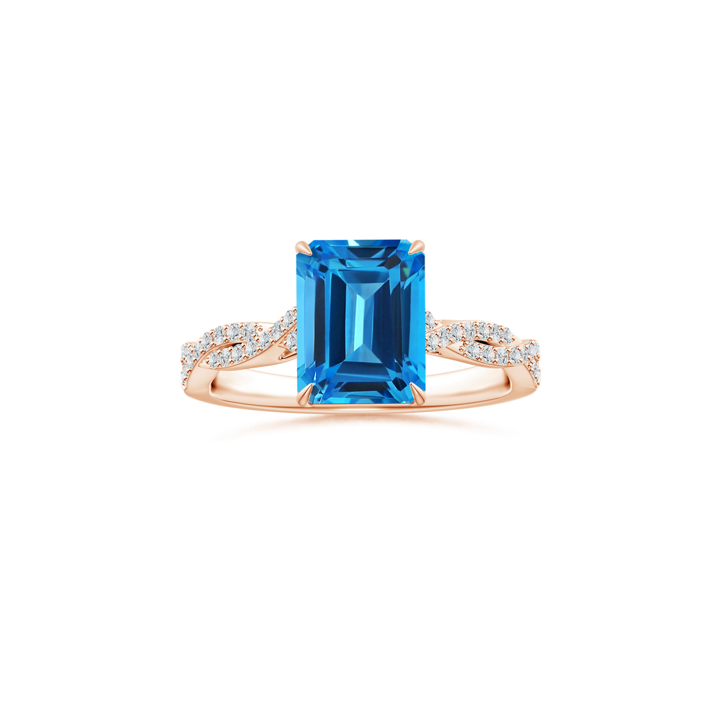 Custom Emerald cut Swiss Blue Topaz Claw-Set Solitaire Ring with Diamond Studded Shank