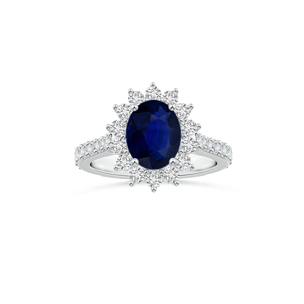 Custom Oval Blue Sapphire Diana Halo Ring with Diamond Studded Shank