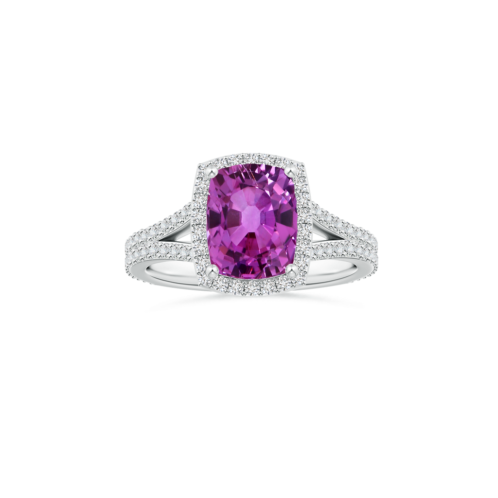 Custom Cushion Rectangular Pink Sapphire Halo Ring with Diamond Studded Shank
