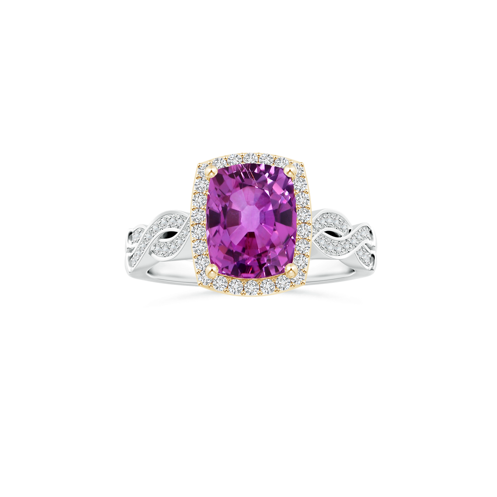 Custom Cushion Rectangular Pink Sapphire Halo Ring with Diamond Studded Shank