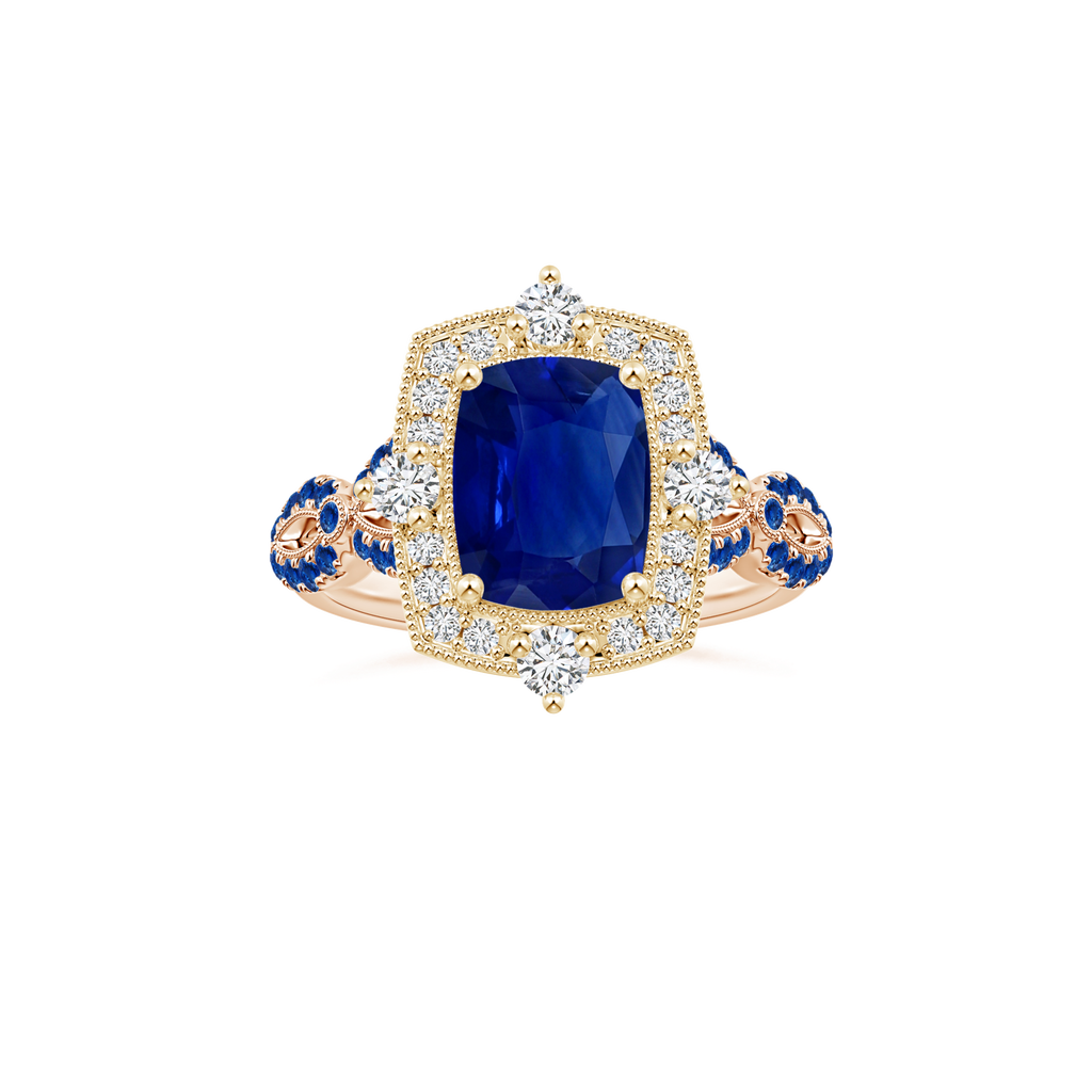 Custom Cushion Rectangular Blue Sapphire Vintage Inspired Ring with Blue Sapphire Studded Shank