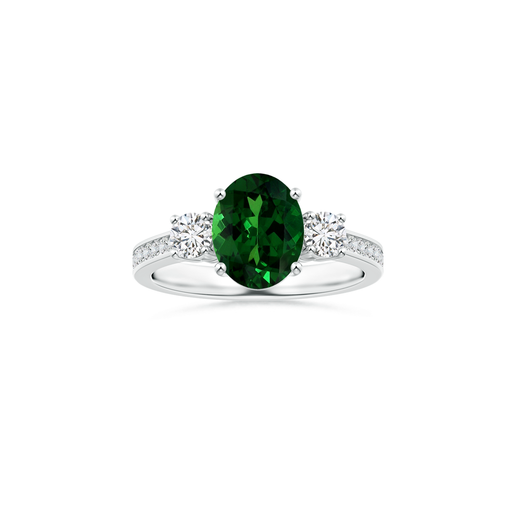 Custom Oval Tsavorite Three Stone Ring with Diamond Studded Shank