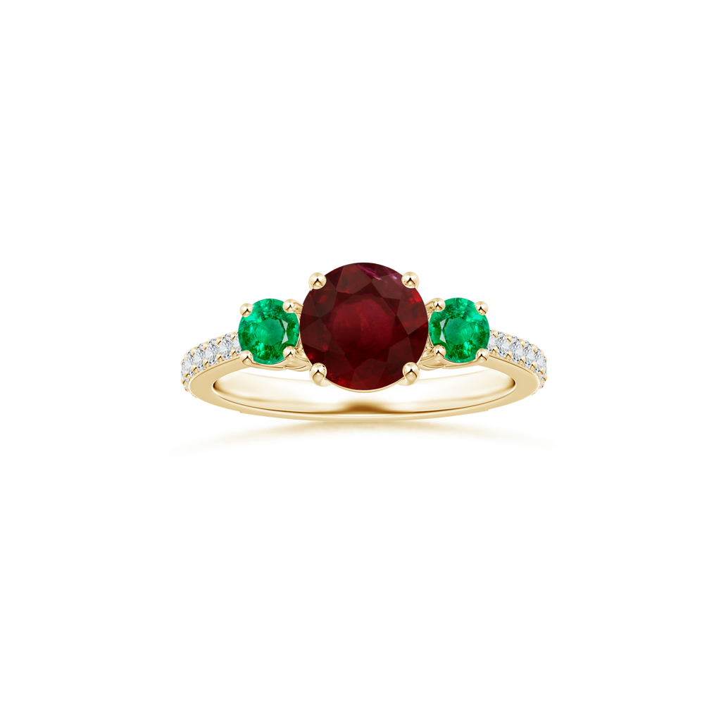 Custom GIA Certified Round Ruby Three Stone Ring with Diamond Studded Shank