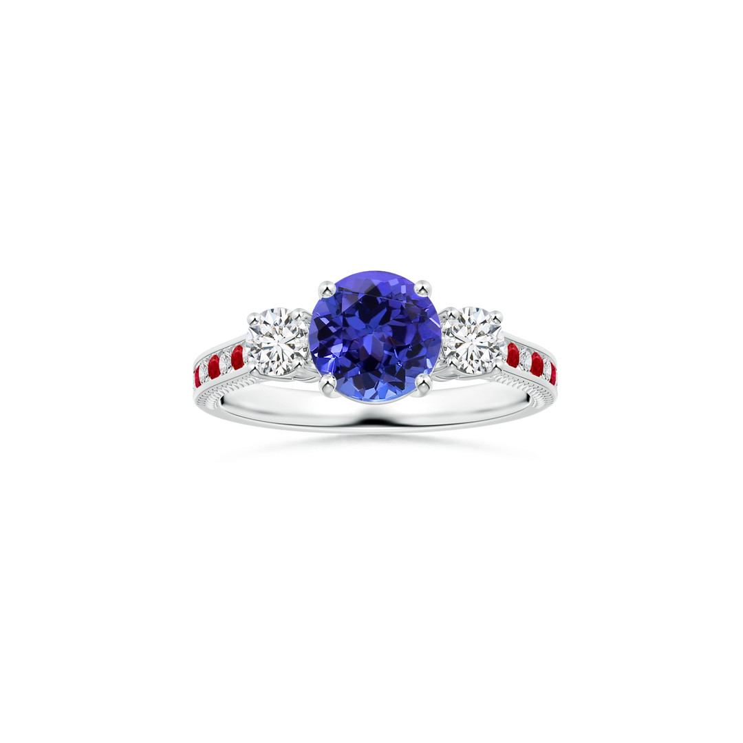 Custom Round Tanzanite Three Stone Ring with Diamond and Ruby Studded Shank
