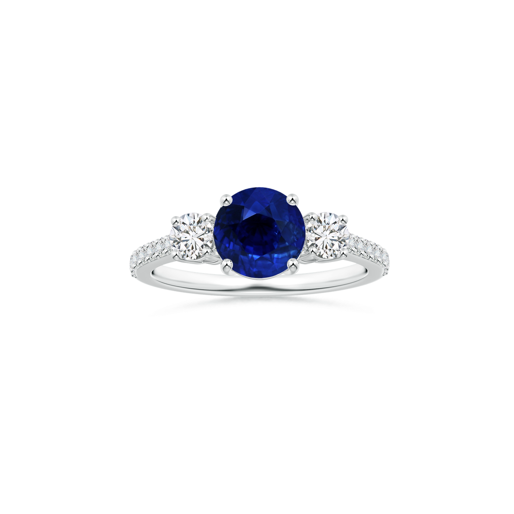 Custom Round Blue Sapphire Three Stone Ring with Diamond Studded Shank