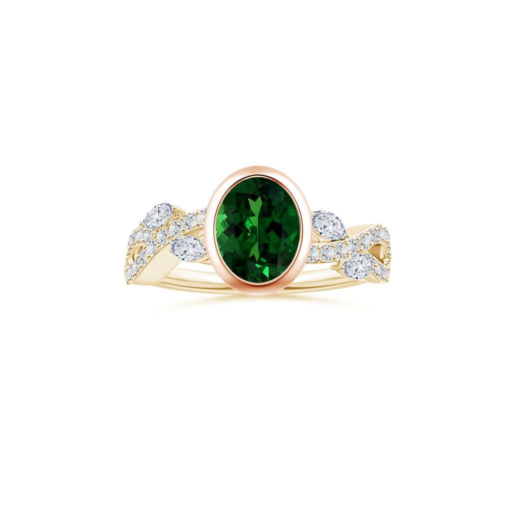 Custom Oval Tsavorite Bezel Solitaire Ring with Diamond Studded Shank
