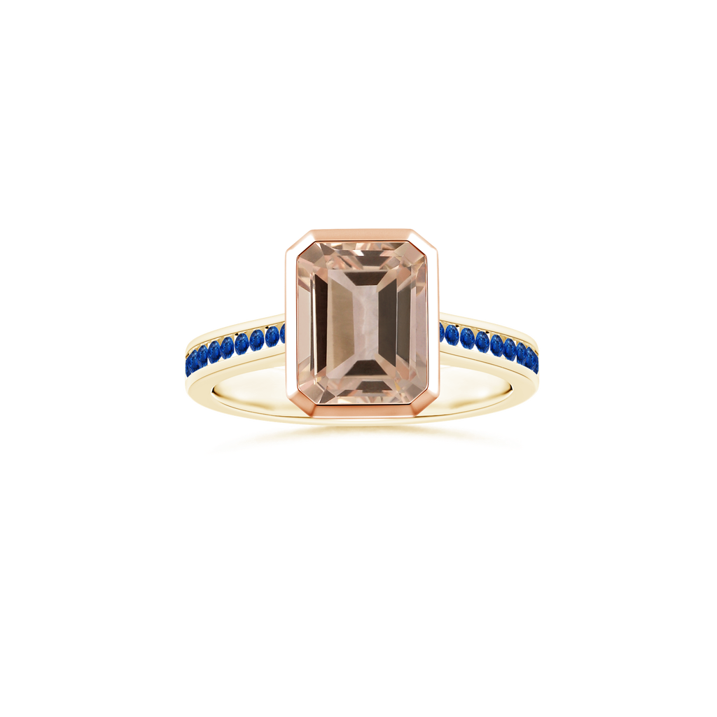 Custom Emerald cut Morganite Bezel Solitaire Ring with Blue Sapphire Studded Shank