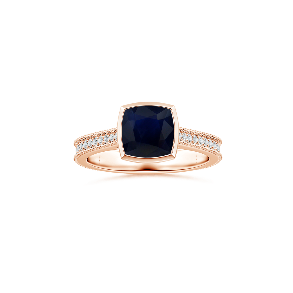 Custom Cushion Blue Sapphire Bezel Solitaire Ring with Diamond Studded Shank