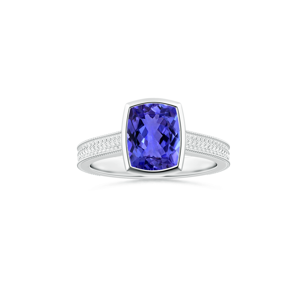Custom Cushion Rectangular Tanzanite Bezel Solitaire Ring with Leaf Details