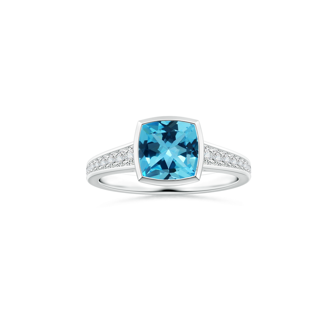 Custom Cushion Swiss Blue Topaz Bezel Solitaire Ring with Diamond Studded Shank