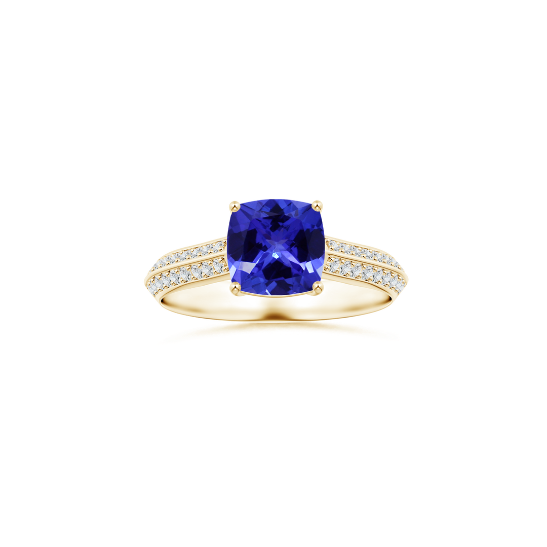 Custom GIA Certified Cushion Tanzanite Prong-Set Solitaire Ring with Diamond Studded Shank