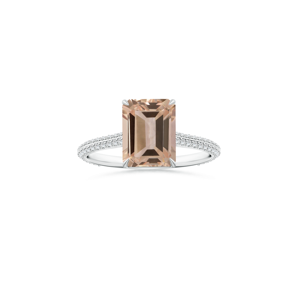 Custom Emerald cut Morganite Claw-Set Solitaire Ring with Diamond Studded Shank