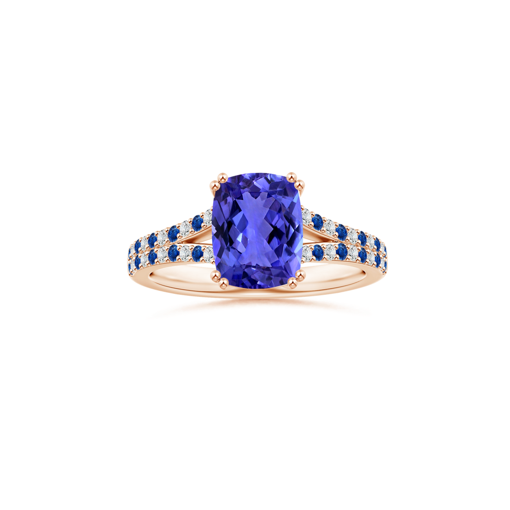 Custom Cushion Rectangular Tanzanite Double Prong-Set Solitaire Ring with Diamond and Sapphire Studded Shank
