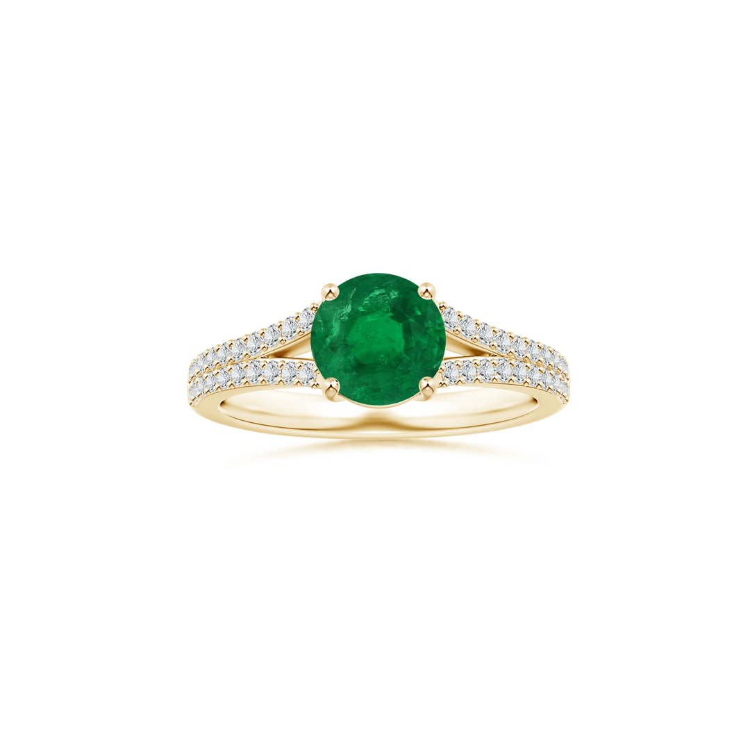 Custom GIA Certified Round Emerald Prong-Set Solitaire Ring with Diamond Studded Shank