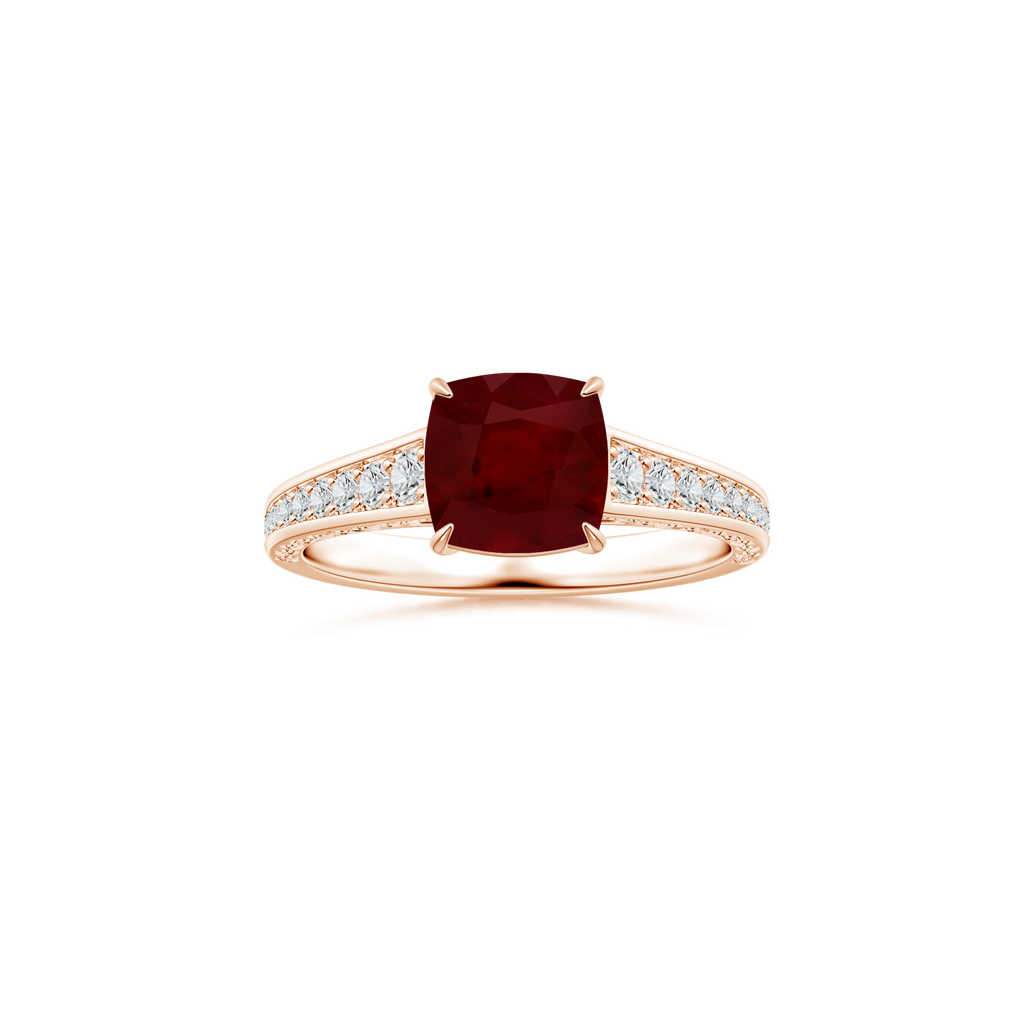 Custom Cushion Ruby Claw-Set Solitaire Ring with Diamond Studded Shank