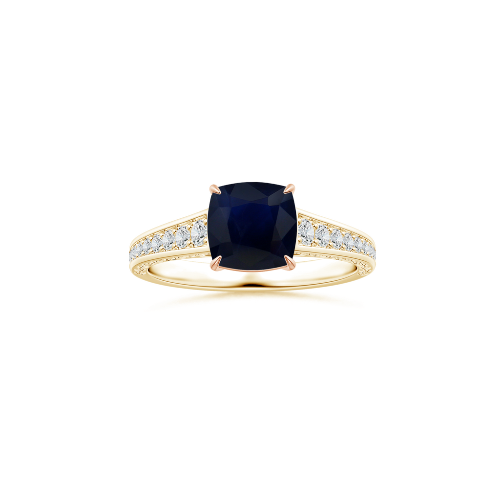 Custom Cushion Blue Sapphire Claw-Set Solitaire Ring with Diamond Studded Shank