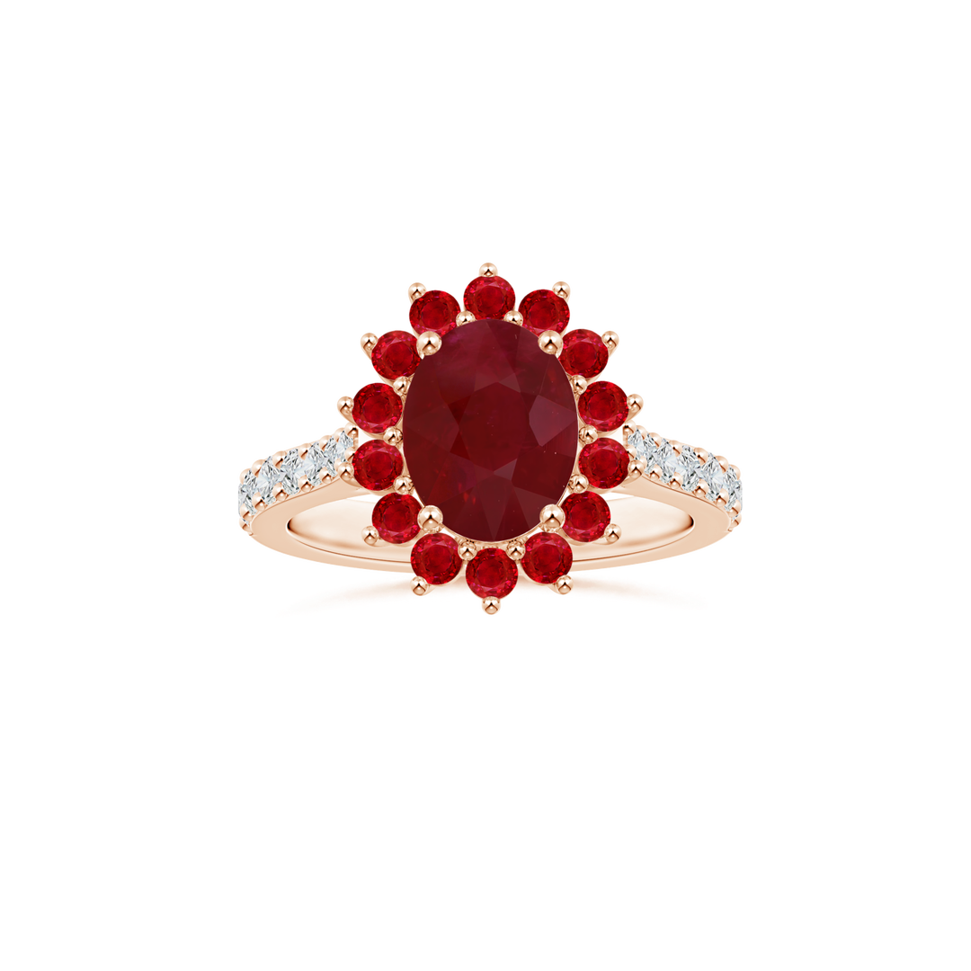Custom GIA Certified Oval Ruby Diana Halo Ring with Diamond Studded Shank