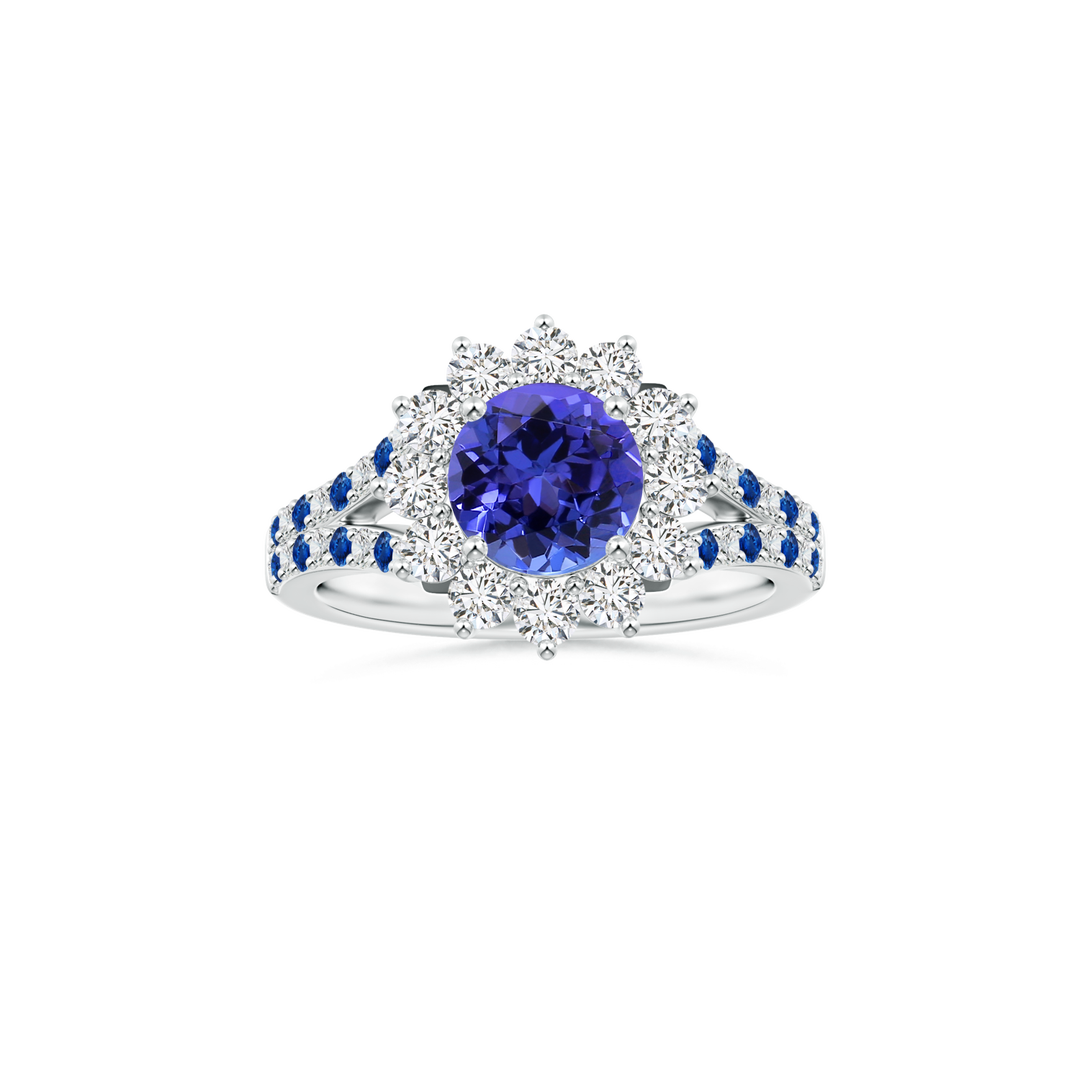 Custom Round Tanzanite Diana Halo Ring with Diamond and Sapphire Studded Shank