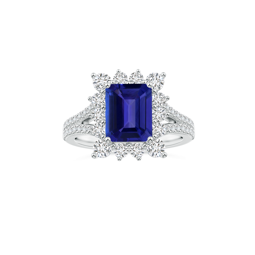 Custom GIA Certified Emerald cut Tanzanite Diana Halo Ring with Diamond Studded Shank
