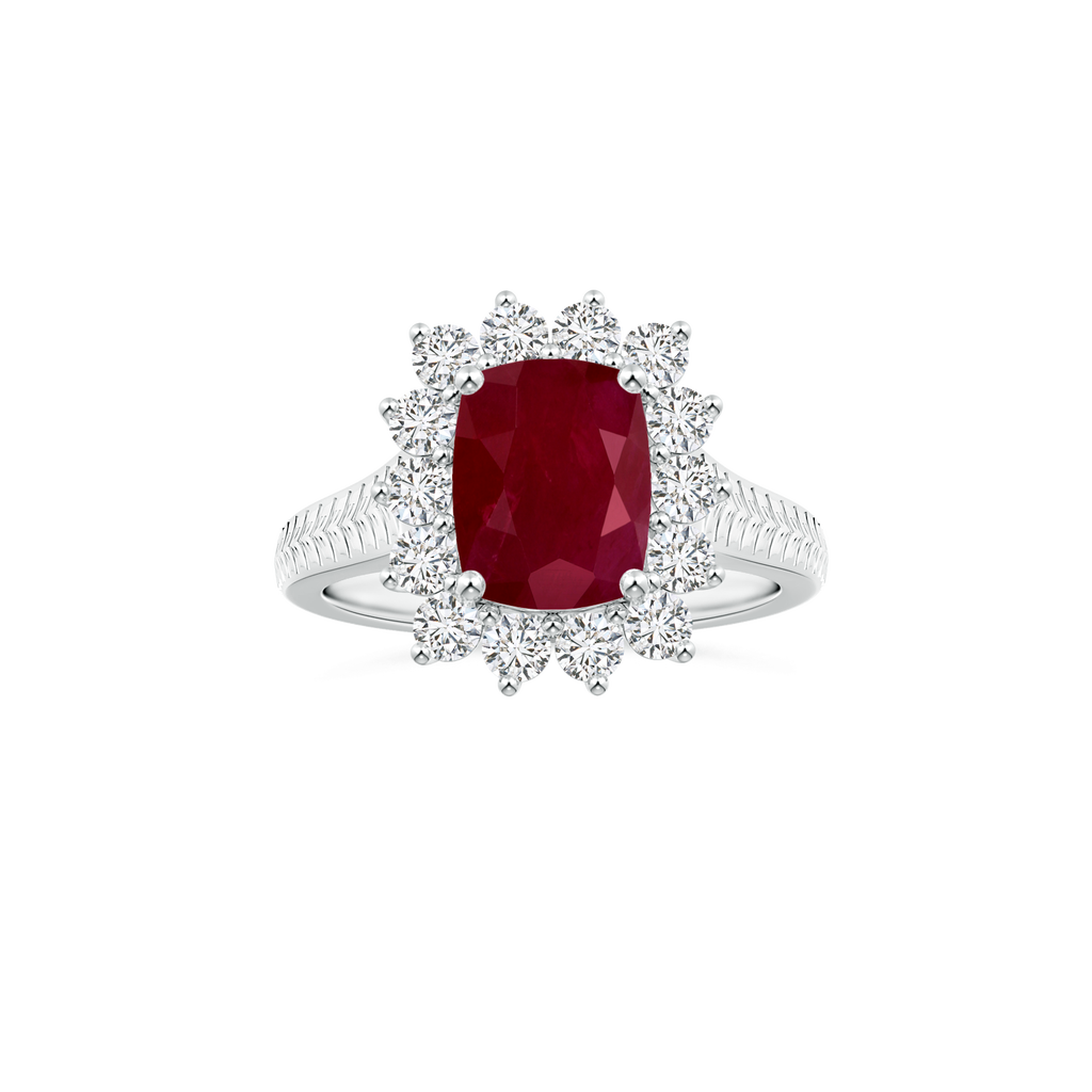 Custom Cushion Rectangular Ruby Diana Halo Ring with Feather Details