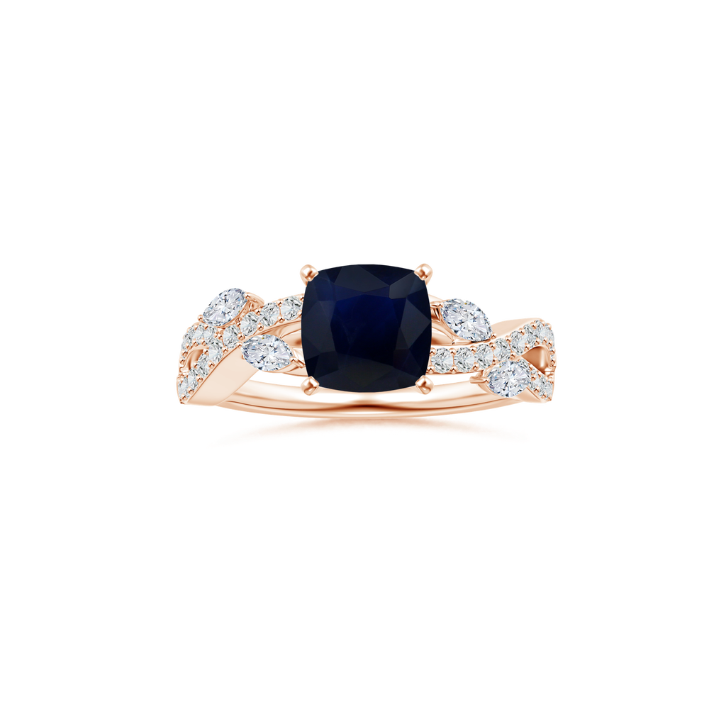 Custom Cushion Blue Sapphire Peg-Set Solitaire Ring with Diamond Studded Shank