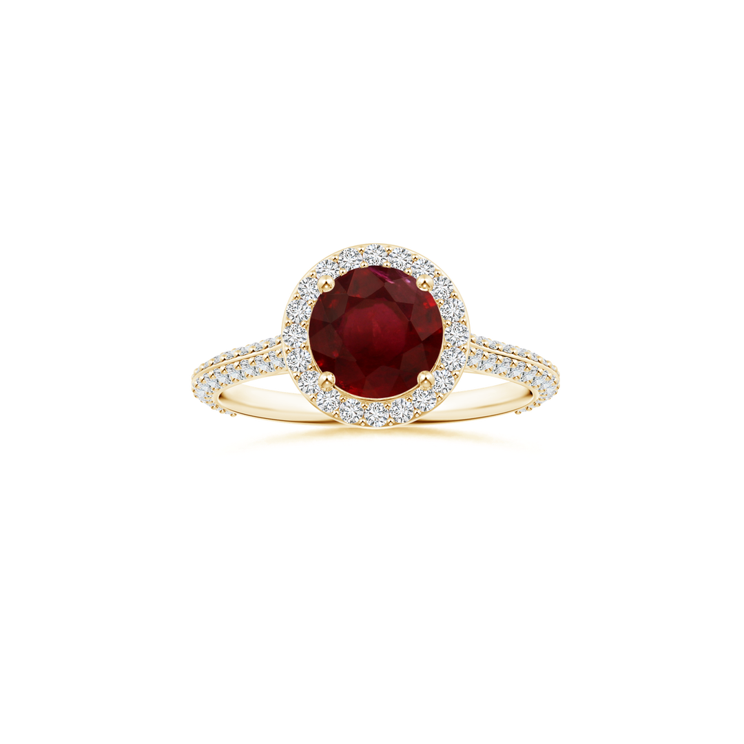 Custom GIA Certified Round Ruby Halo Ring with Diamond Studded Shank