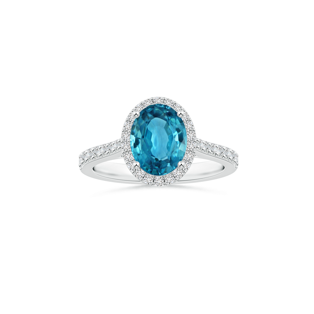 Custom Oval Blue Zircon Halo Ring with Diamond Studded Shank
