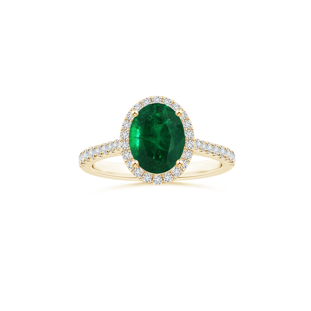 Custom GIA Certified Oval Emerald Halo Ring with Diamond Studded Shank