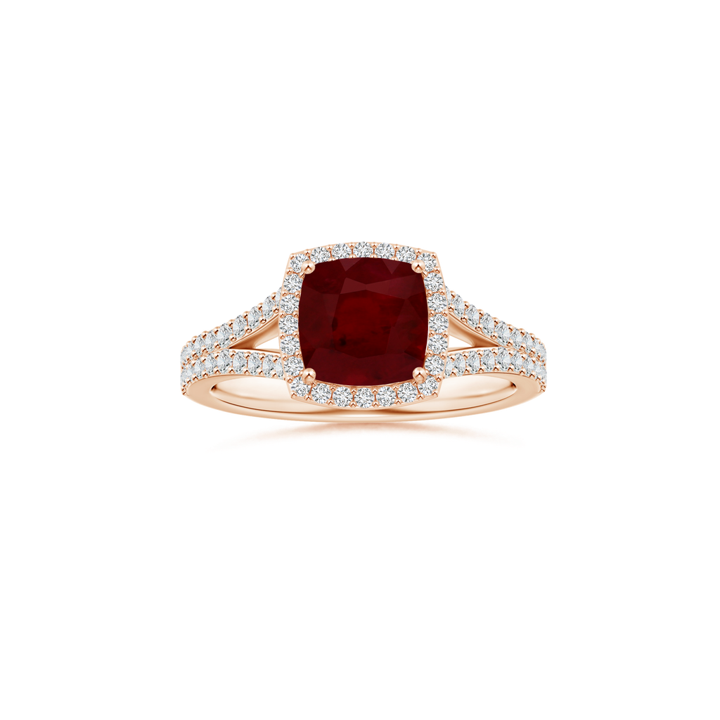 Custom Cushion Ruby Halo Ring with Diamond Studded Shank