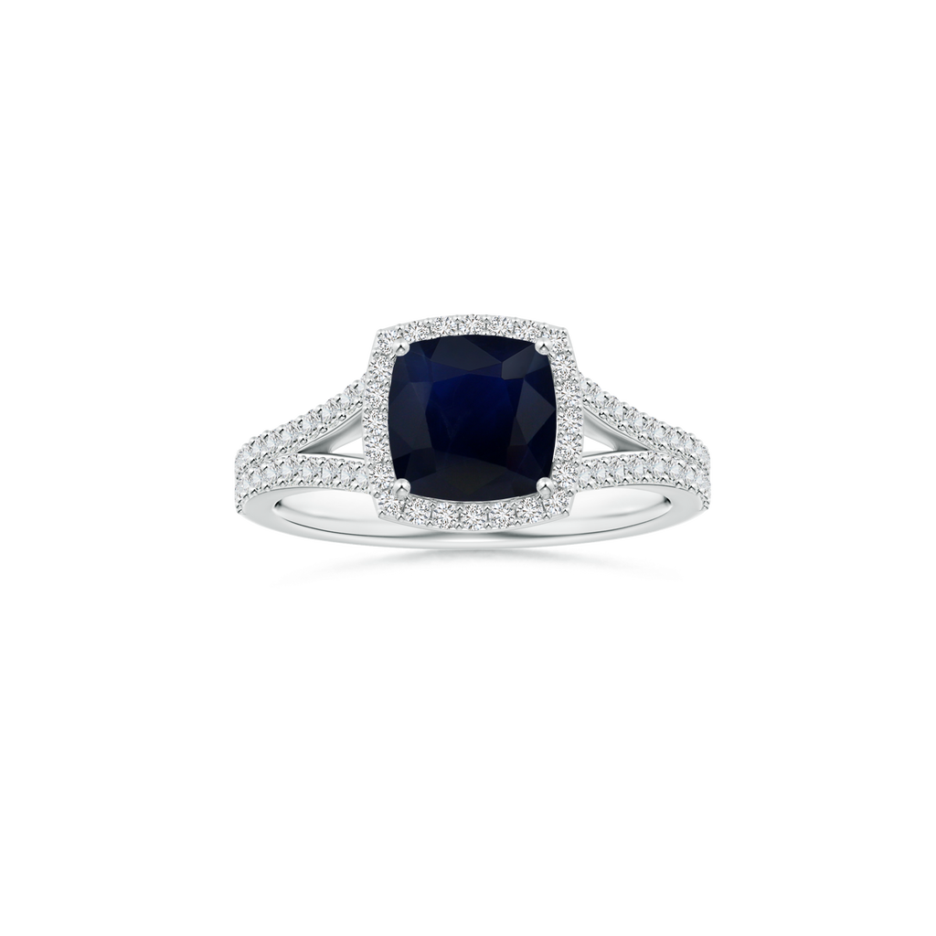 Custom Cushion Blue Sapphire Halo Ring with Diamond Studded Shank