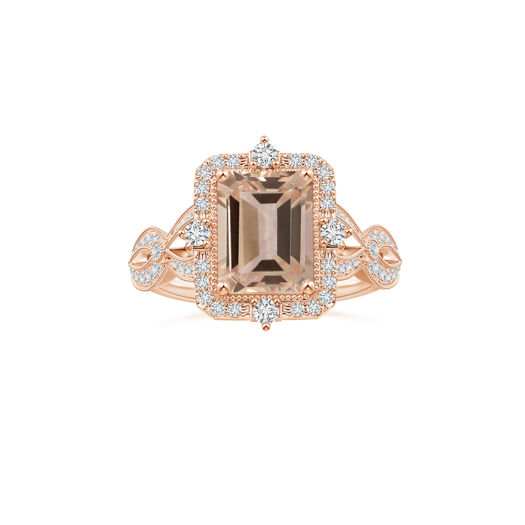 Custom Emerald cut Morganite Vintage Inspired Ring with Diamond Studded Shank
