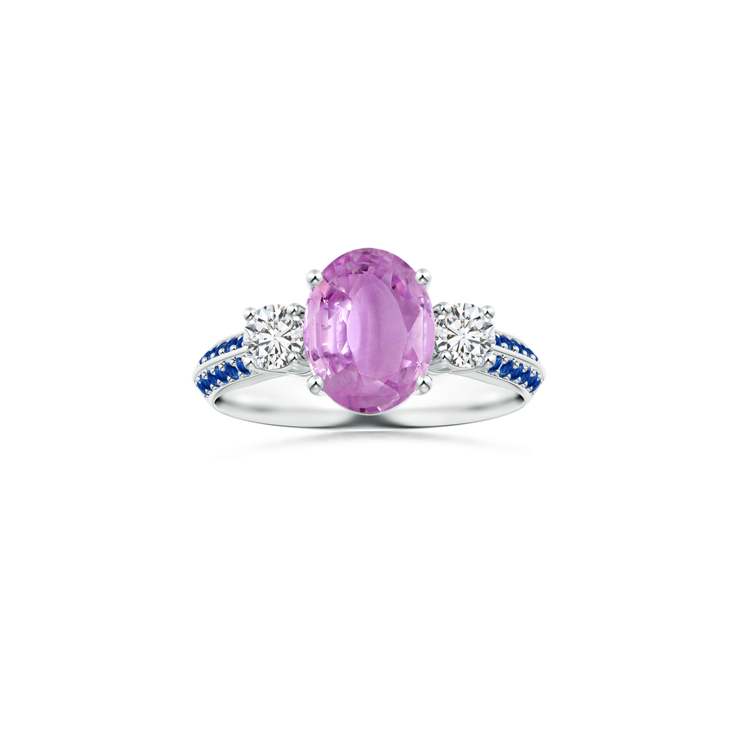 Custom Oval Pink Sapphire Three Stone Ring with Blue Sapphire Studded Shank