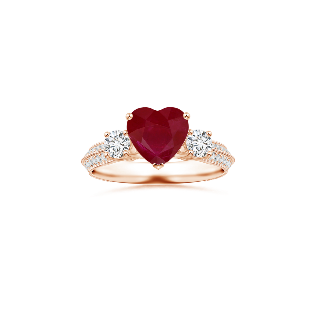 Custom Heart Ruby Three Stone Ring with Diamond Studded Shank