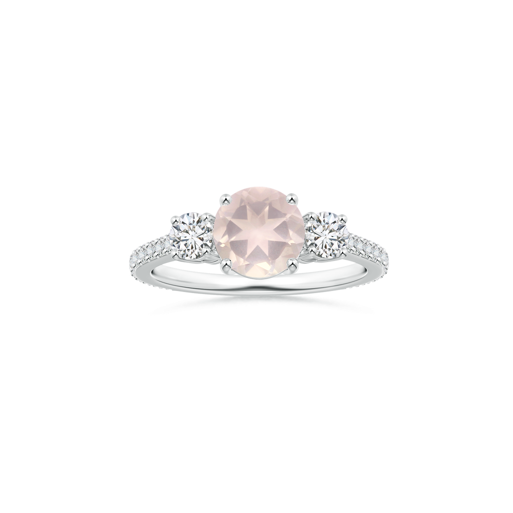Custom GIA Certified Round Rose Quartz Three Stone Ring with Diamond Studded Shank