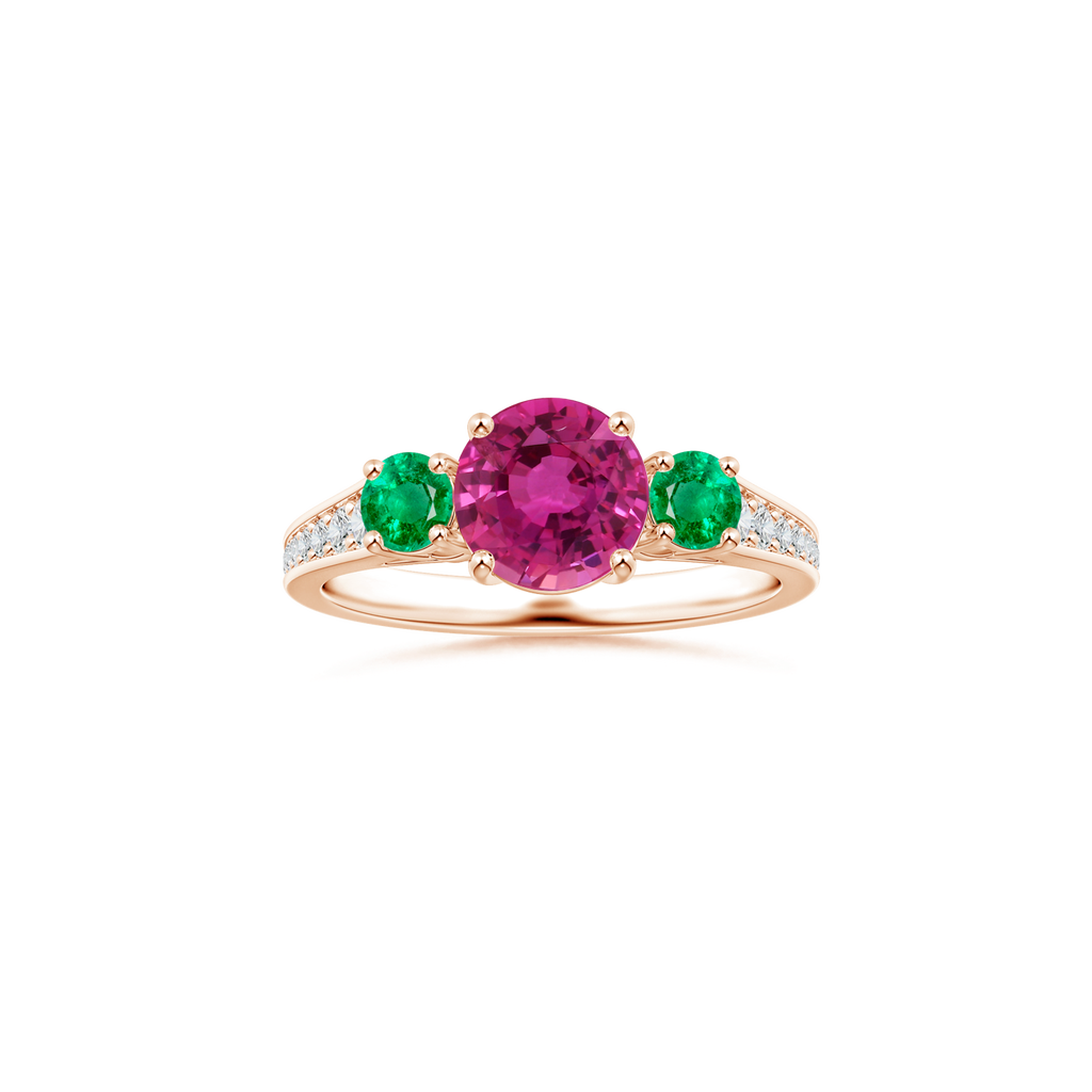 Custom Round Pink Sapphire Three Stone Ring with Diamond Studded Shank