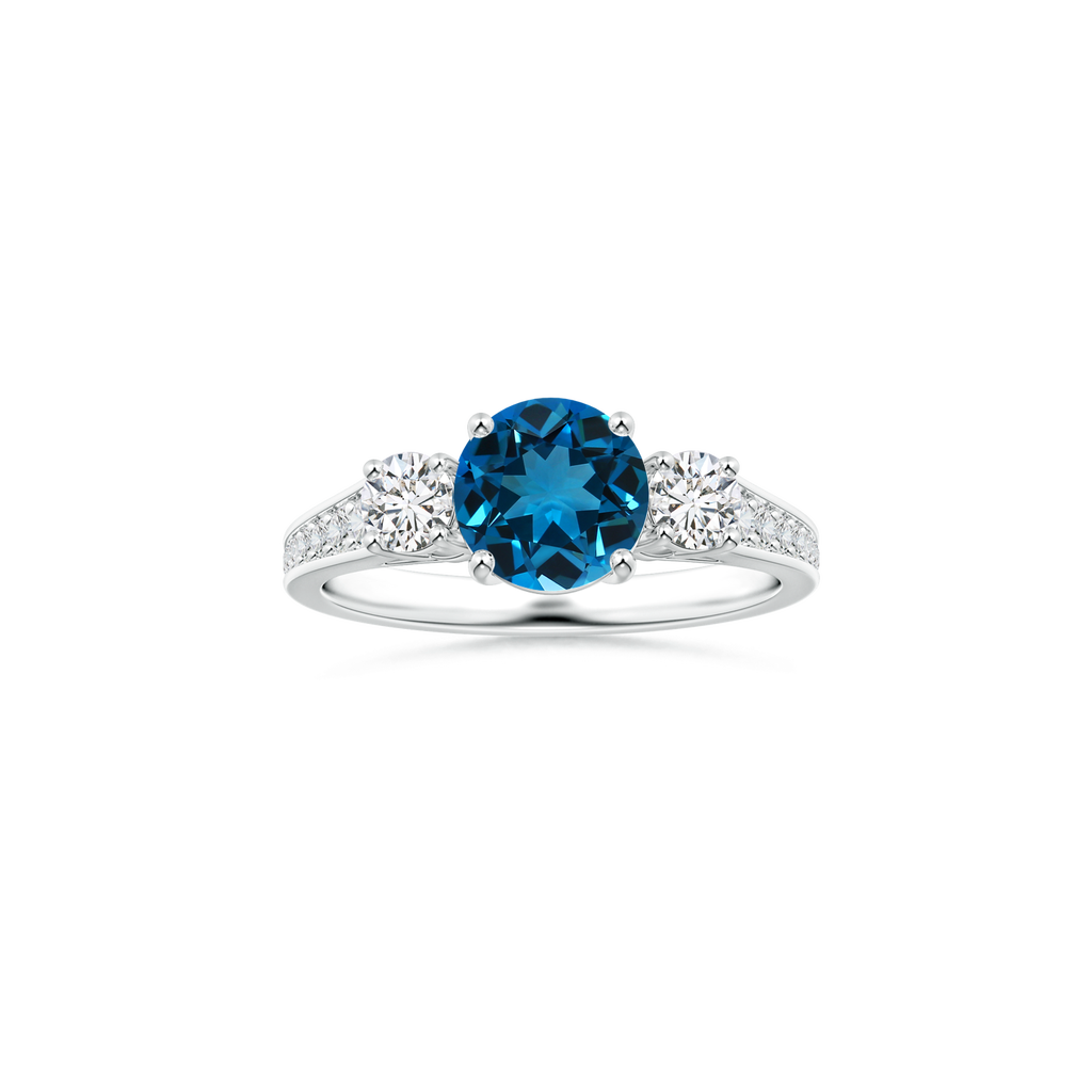 Custom Round London Blue Topaz Three Stone Ring with Diamond Studded Shank