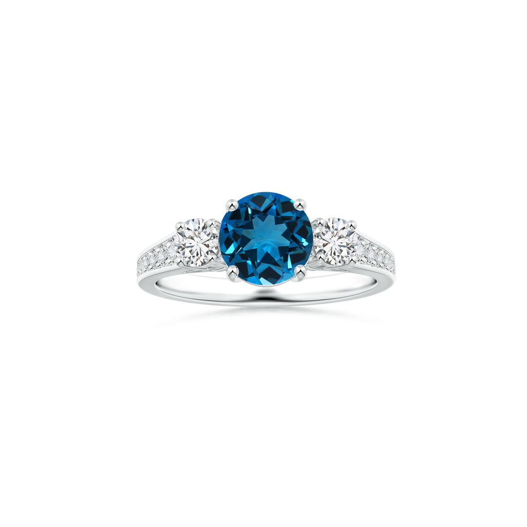 Custom Round London Blue Topaz Three Stone Ring with Diamond Studded Shank