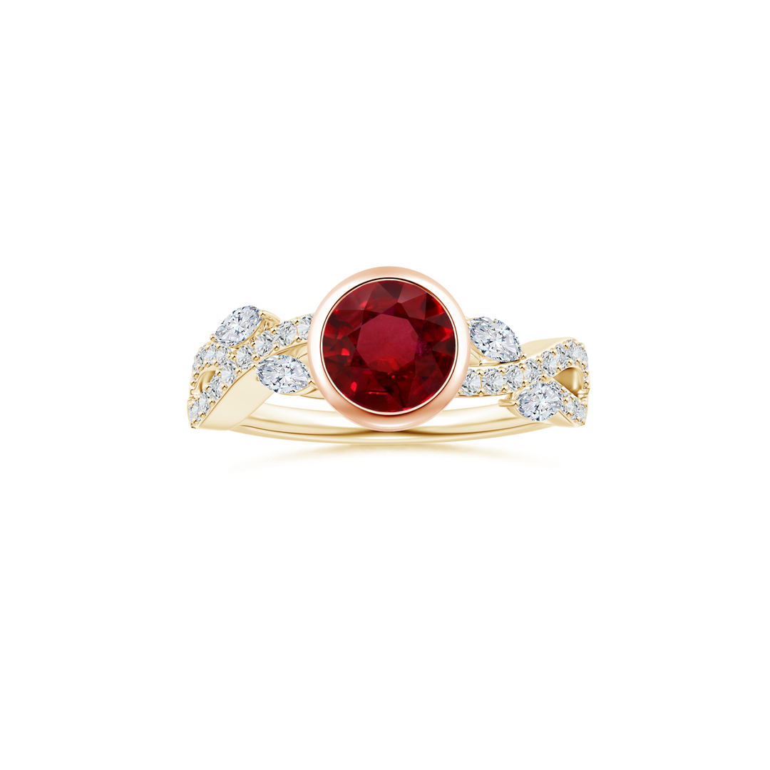 Custom GIA Certified Round Ruby Bezel Solitaire Ring with Diamond Studded Shank
