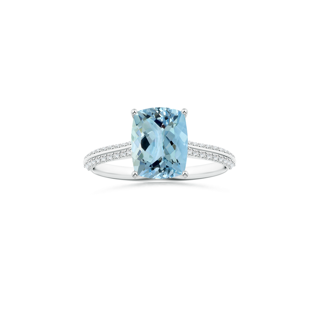 Custom Cushion Rectangular Aquamarine Prong-Set Solitaire Ring with Diamond Studded Shank