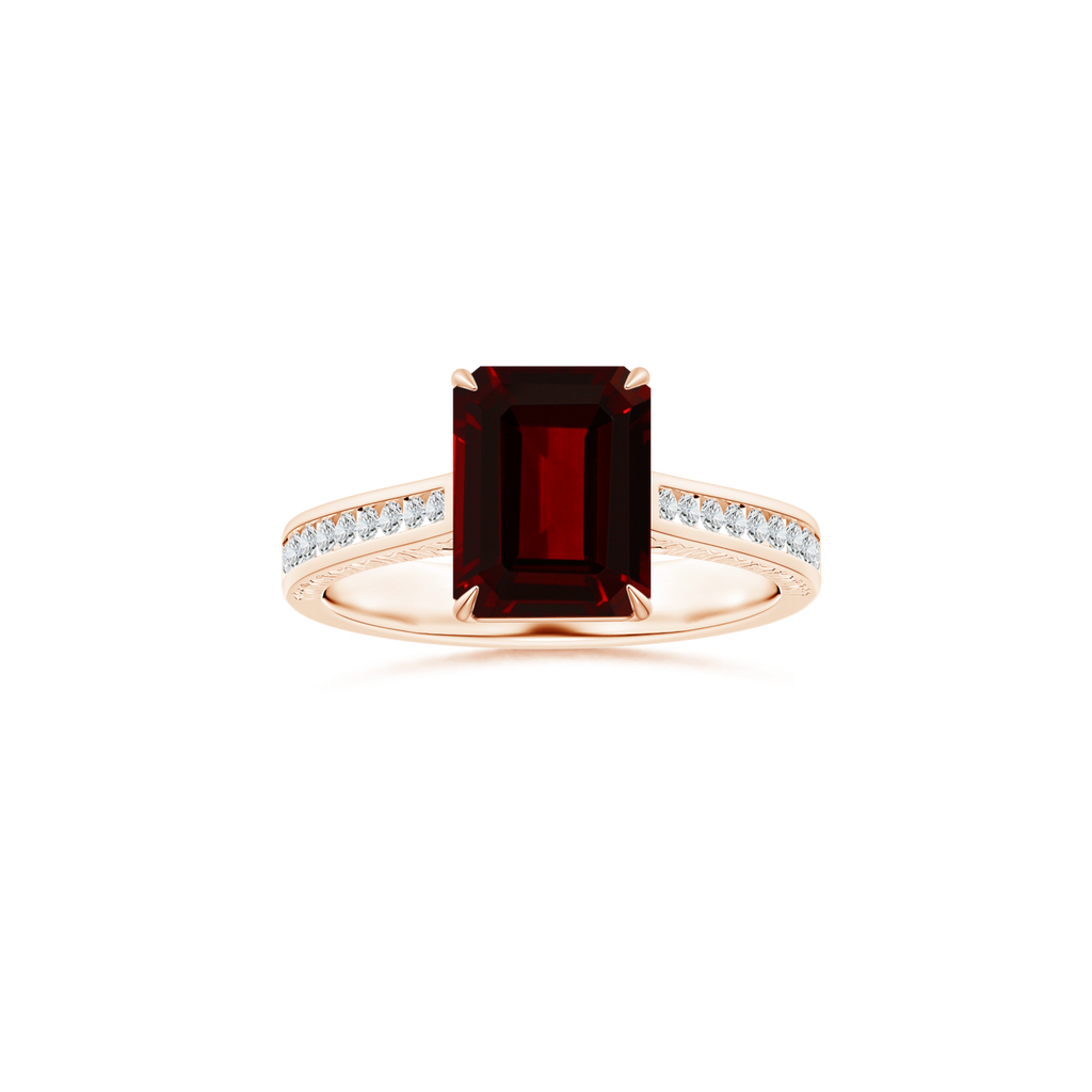 Custom Emerald cut Garnet Claw-Set Solitaire Ring with Diamond Studded Shank