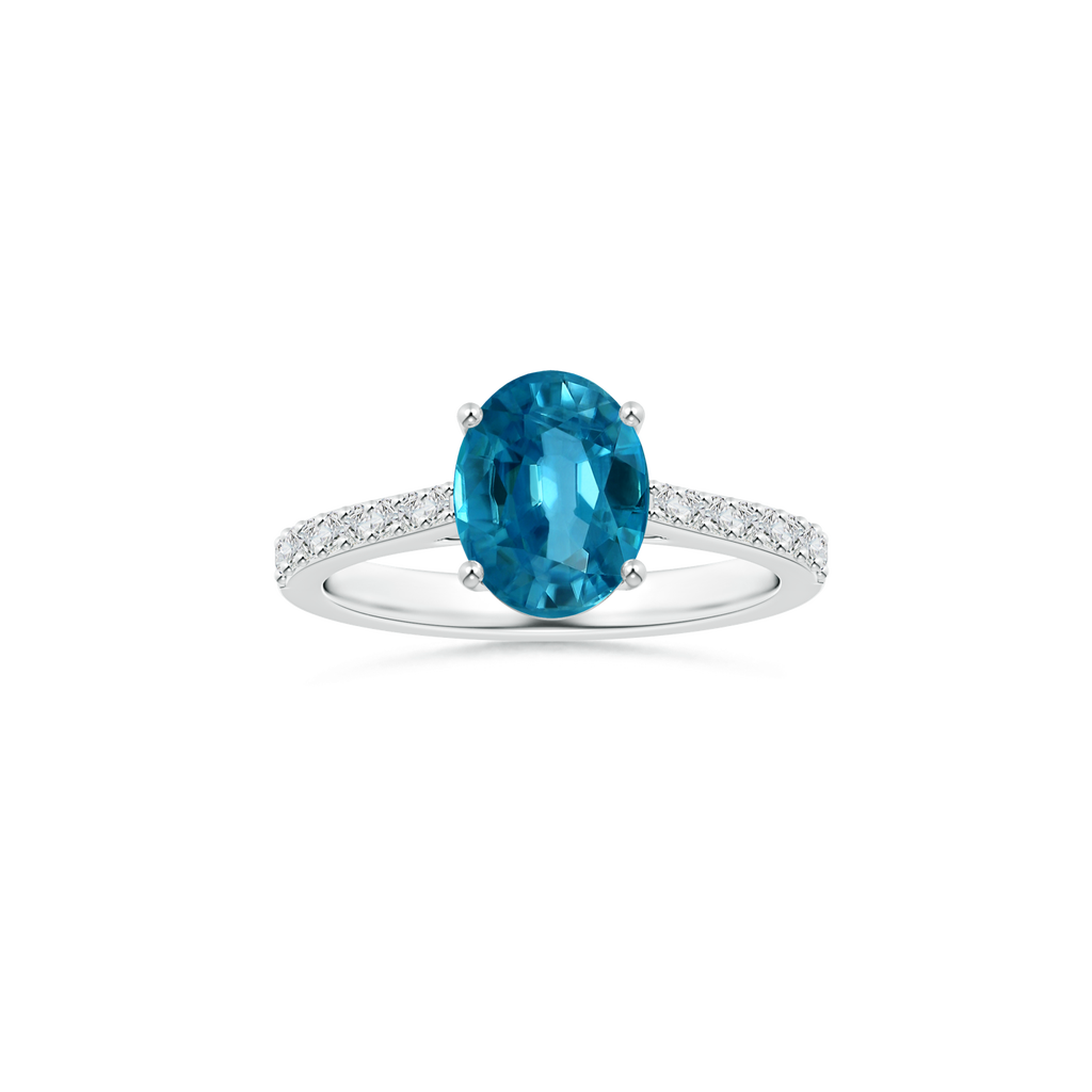 Custom Oval Blue Zircon Prong-Set Solitaire Ring with Diamond Studded Shank