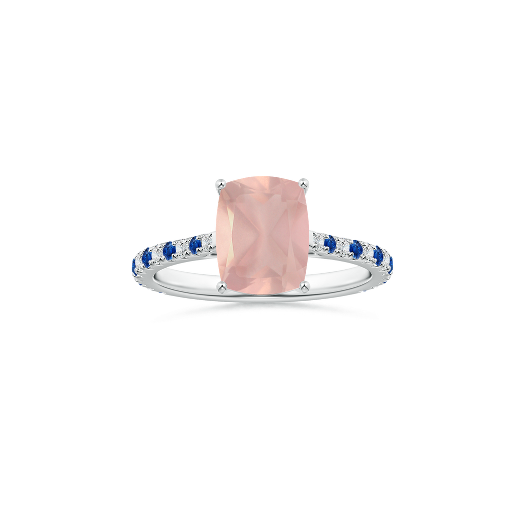 Custom Cushion Rectangular Rose Quartz Prong-Set Solitaire Ring with Diamond and Sapphire Studded Shank