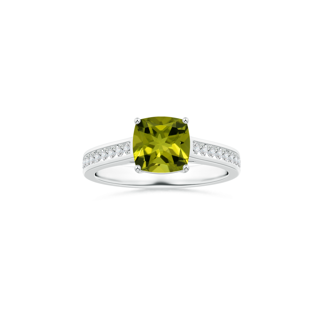 Custom GIA Certified Cushion Peridot Prong-Set Solitaire Ring with Diamond Studded Shank